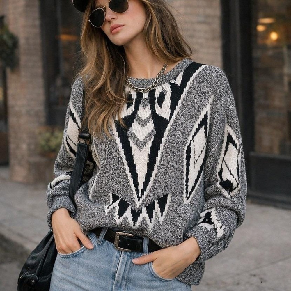 Vintage 80s 90s Fashion Police Southwestern Knit Sweater Tribal Geometric‎